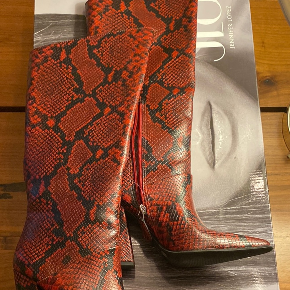 Jennifer Lopez Red and Black Heeled Boots with Snake Print